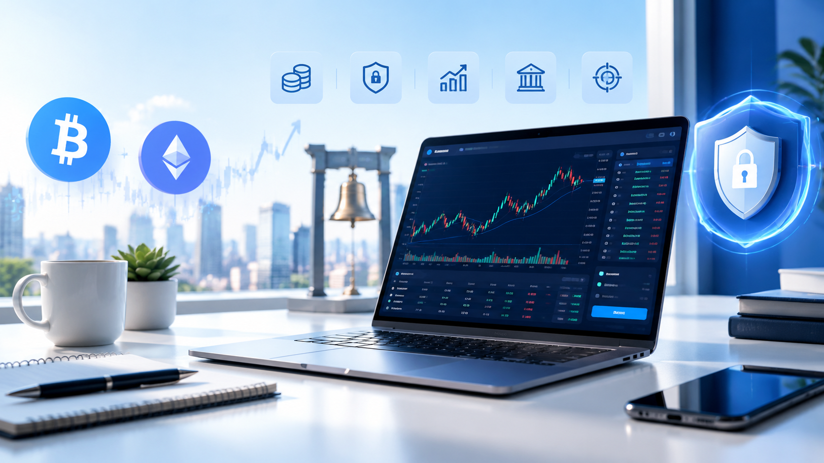 Coinbase review 2026 showing cryptocurrency trading, market analysis and account security